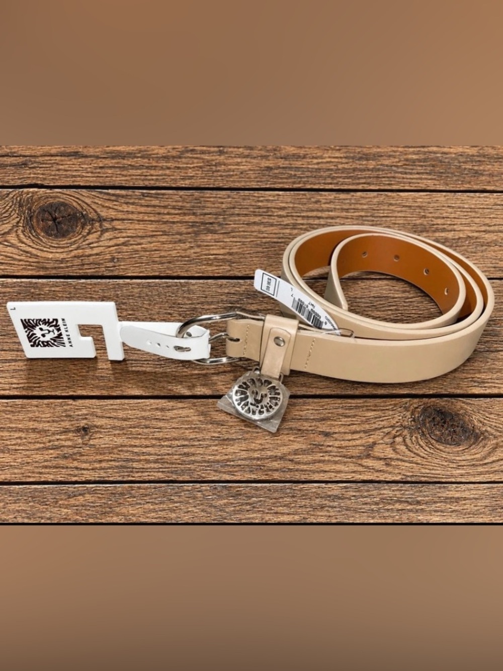 Anne Klein Neutral Beige Leather Belt with Silver Medallion Charm